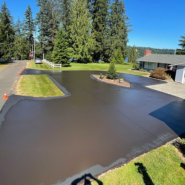 Freshly sealcoated driveway surrounded by trees